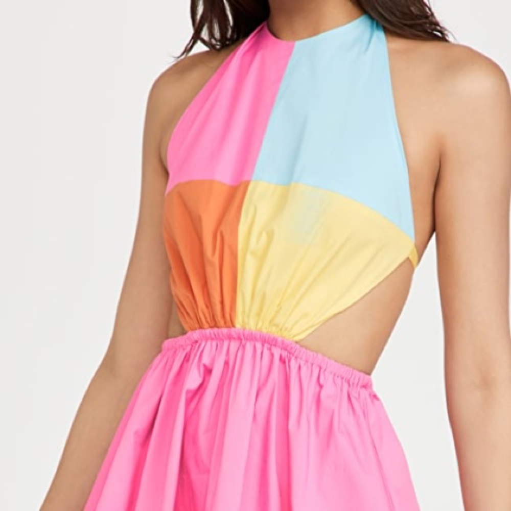 STAUD Colorblock Halter Cutout Dress in Pink, Blue, Yellow, Orange